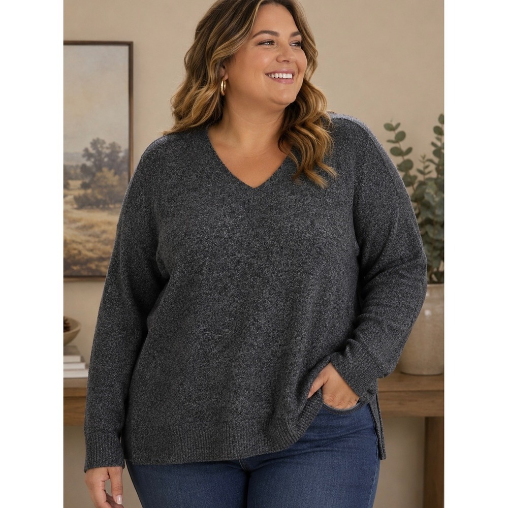 Lucky Brand Gray V-Neck Sweater XXL Heathered Knit Pullover Top Cozy Casual